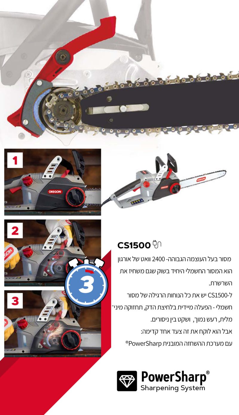 ⁦מסור שרשרת חשמלי CS1500 פאוור שארפ להב "18 אורגון⁩ – תמונה ⁦2⁩